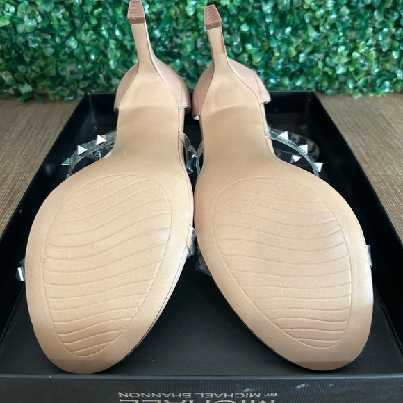 Michael Shannon Nude Studded Heels Size 9 Clear Strap Sandals Block Dressy NEW - Picture 13 of 14